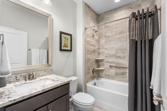 bathroom featuring recessed lighting, vanity, toilet, and shower / bath combination with curtain