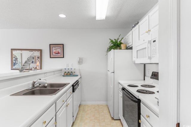 kitchen featuring white cabinets, a textured ceiling, white appliances, and sink