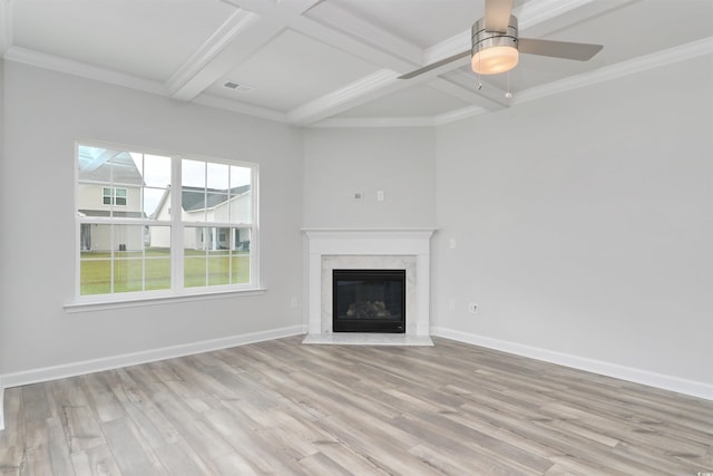 unfurnished living room featuring beamed ceiling, light wood-type flooring, a fireplace, and coffered ceiling