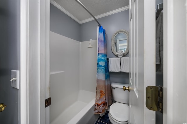 bathroom with tile patterned flooring, a textured ceiling, toilet, shower / tub combo with curtain, and ornamental molding