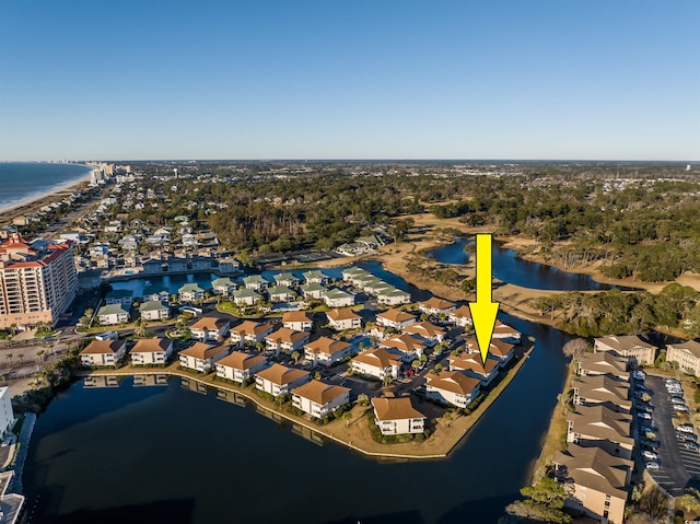 drone / aerial view featuring a water view