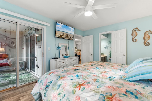 bedroom with ceiling fan, light hardwood / wood-style floors, and access to outside