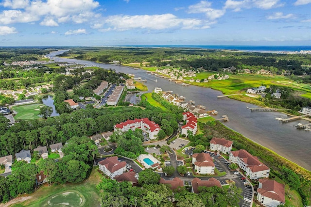 drone / aerial view with a water view