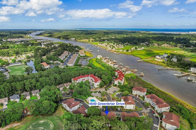 bird's eye view with a water view