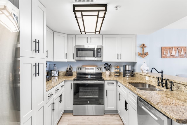 kitchen featuring white cabinets, stainless steel appliances, kitchen peninsula, and sink