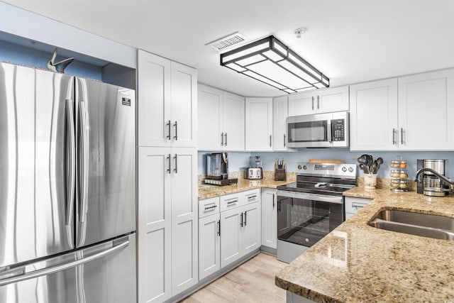 kitchen with white cabinets, light stone counters, sink, and stainless steel appliances