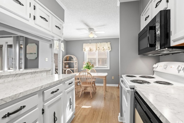 kitchen with ceiling fan, white range with electric stovetop, crown molding, a textured ceiling, and white cabinets