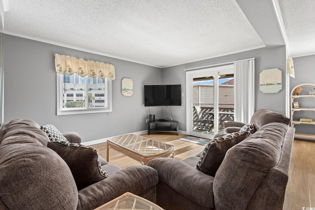 living room with a textured ceiling, hardwood / wood-style flooring, and a wealth of natural light