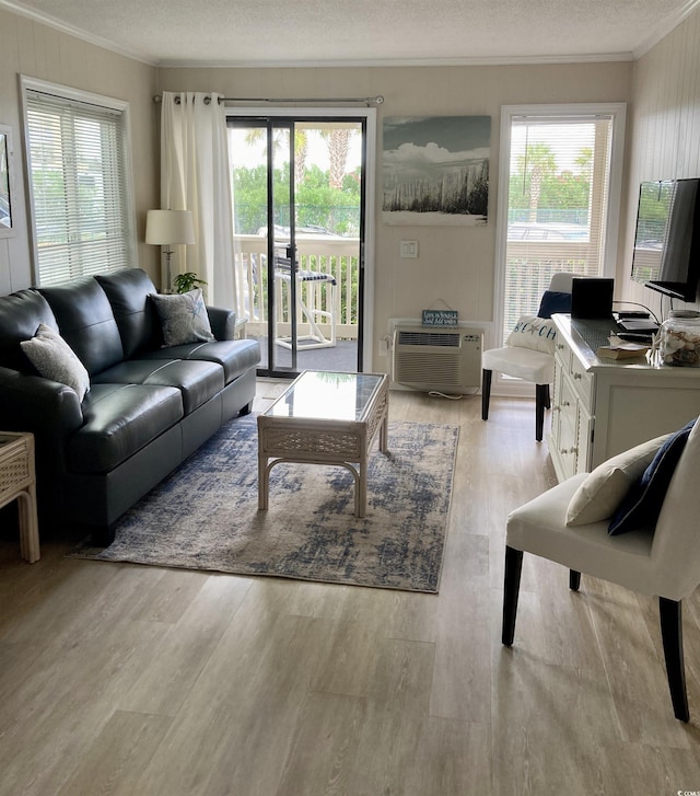 living room featuring a wall mounted air conditioner, a textured ceiling, light hardwood / wood-style floors, and crown molding