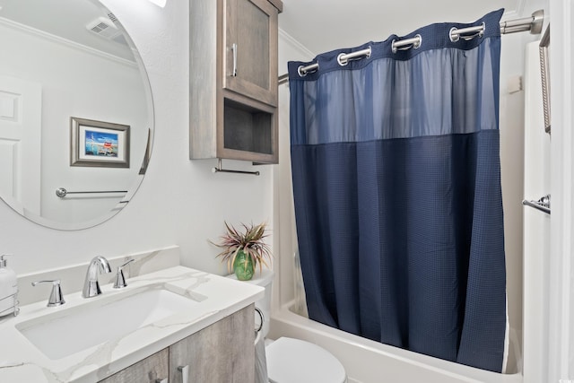 full bathroom with crown molding, vanity, shower / bath combo, and toilet