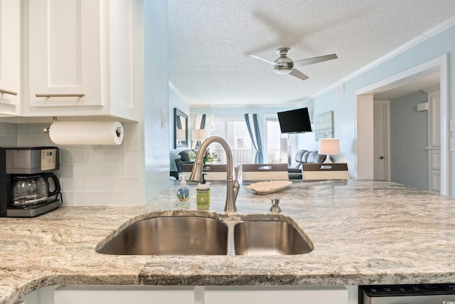 kitchen featuring white cabinets, decorative backsplash, sink, and a textured ceiling