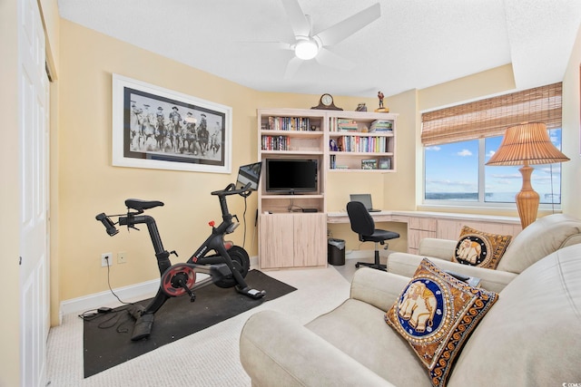 exercise area with carpet flooring, ceiling fan, and a textured ceiling