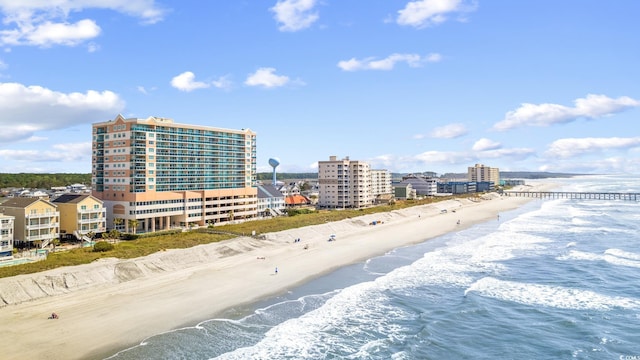 bird's eye view with a view of the beach and a water view