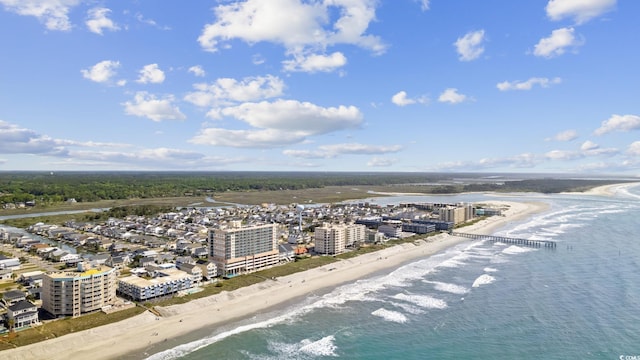 aerial view featuring a water view and a beach view