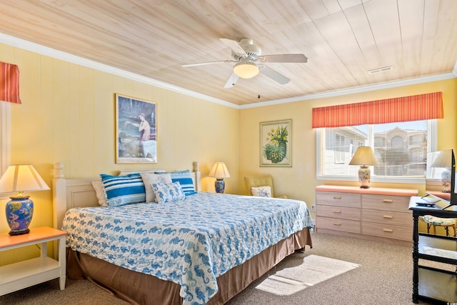 431 28th St S, Sunset Beach, NC 28468 - bedroom featuring carpet floors, ceiling fan, crown molding, and wood ceiling