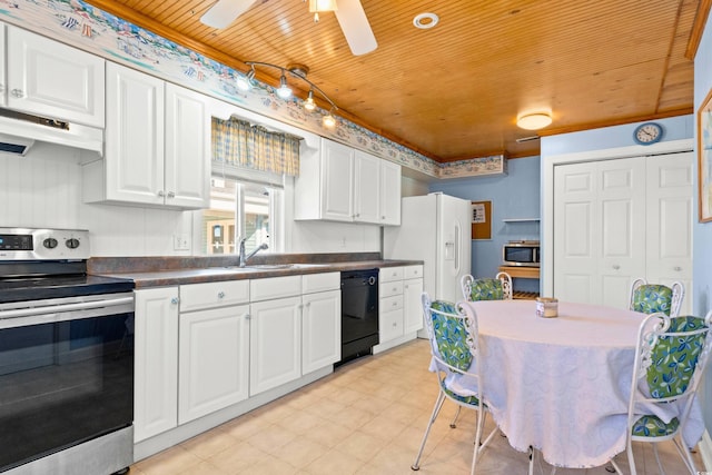 431 28th St S, Sunset Beach, NC 28468 - kitchen featuring wooden ceiling, ceiling fan, appliances with stainless steel finishes, white cabinetry, and extractor fan