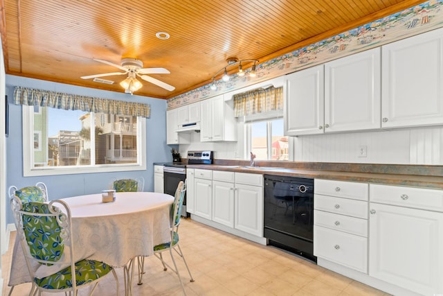 431 28th St S, Sunset Beach, NC 28468 - kitchen with stainless steel electric range oven, white cabinets, wooden ceiling, and black dishwasher
