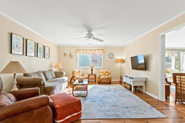 431 28th St S, Sunset Beach, NC 28468 - living room featuring crown molding, hardwood / wood-style floors, and ceiling fan