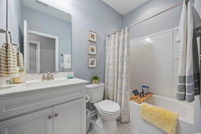 full bathroom with vanity, toilet, and shower / bathtub combination with curtain