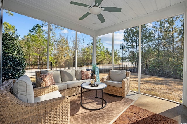 sunroom / solarium with ceiling fan and wooden ceiling