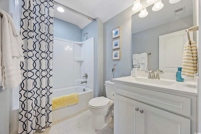 full bathroom featuring tile patterned floors, vanity, shower / bath combo, and toilet