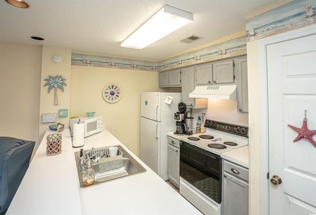 kitchen featuring a textured ceiling, white appliances, gray cabinets, and sink