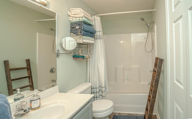 full bathroom featuring vanity, shower / bath combination with curtain, and toilet