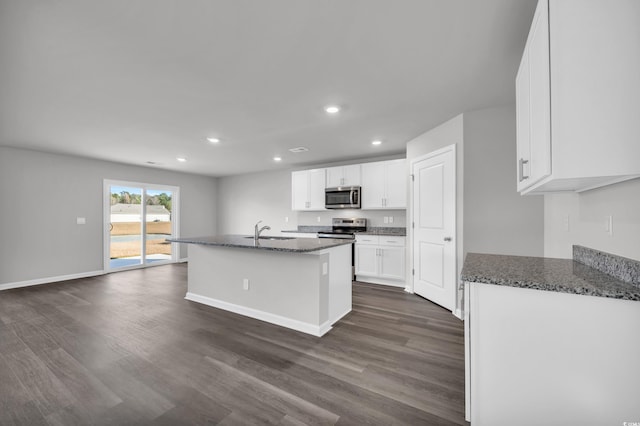 kitchen featuring dark stone counters, sink, dark hardwood / wood-style flooring, white cabinetry, and stainless steel appliances