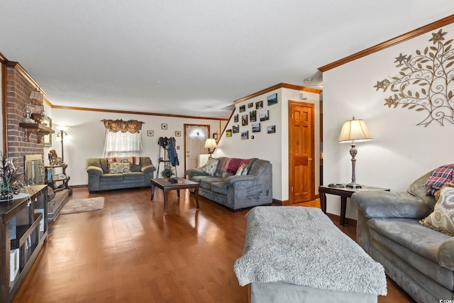 living room with a textured ceiling, dark hardwood / wood-style flooring, and crown molding