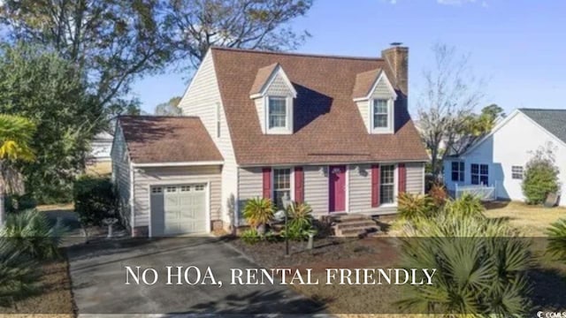 702 Plantation Dr, Surfside Beach, SC 29575 - cape cod-style house with an attached garage, a chimney, and driveway
