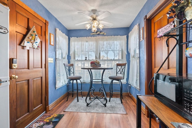 interior space with a textured ceiling, light hardwood / wood-style flooring, and ceiling fan