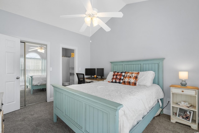 bedroom with dark colored carpet, a closet, ceiling fan, and lofted ceiling