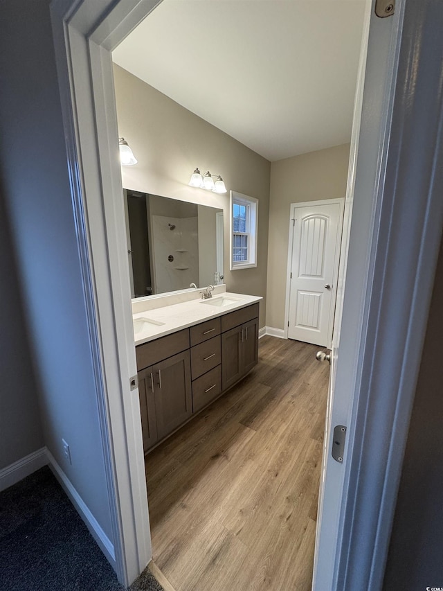 bathroom featuring vanity and wood-type flooring