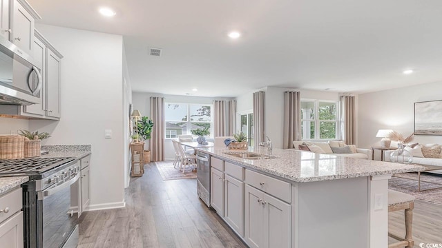 kitchen with sink, stainless steel appliances, light hardwood / wood-style floors, a breakfast bar, and a center island with sink