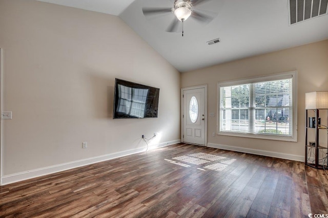 entrance foyer featuring lofted ceiling, hardwood / wood-style floors, and ceiling fan