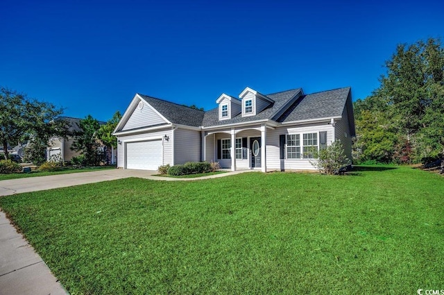 cape cod-style house with a garage and a front lawn