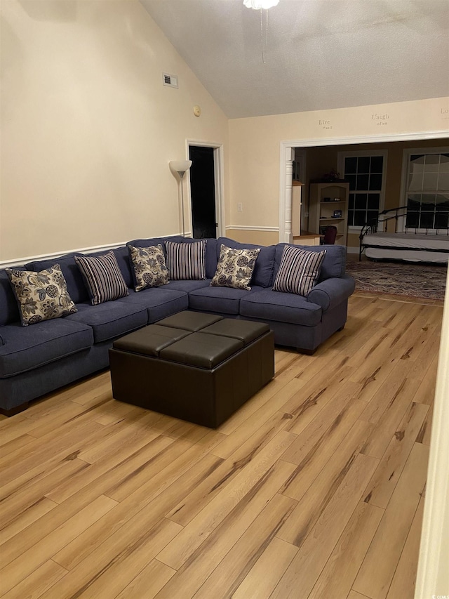 living room featuring light hardwood / wood-style floors and lofted ceiling