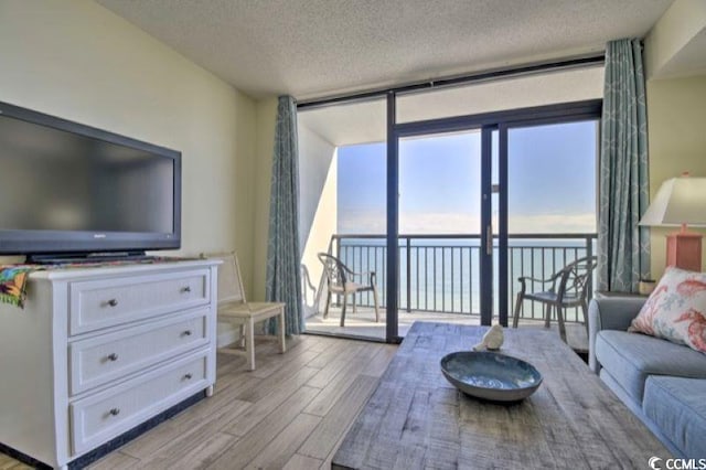 living room featuring a textured ceiling, light hardwood / wood-style floors, floor to ceiling windows, and a water view