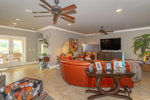 living room with recessed lighting, french doors, crown molding, and baseboards