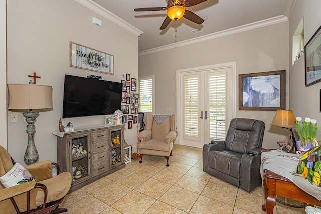 living area featuring visible vents, a ceiling fan, french doors, crown molding, and light tile patterned floors