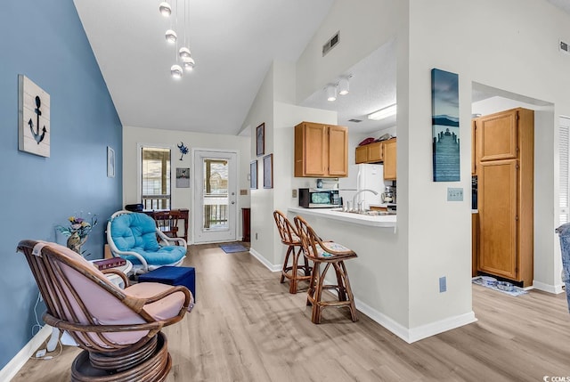 interior space featuring baseboards, light wood-style flooring, and lofted ceiling
