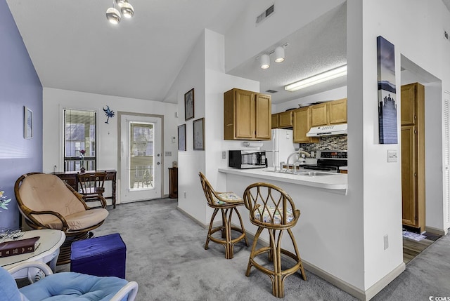 kitchen featuring tasteful backsplash, kitchen peninsula, white fridge, stainless steel range with electric stovetop, and light carpet