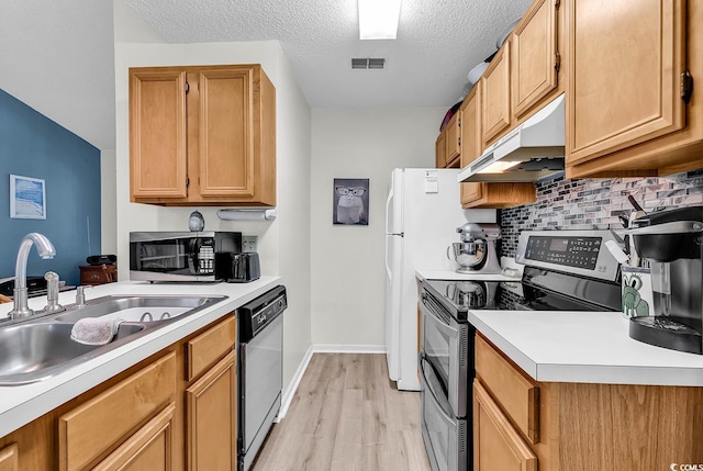 kitchen featuring a sink, light countertops, under cabinet range hood, stainless steel appliances, and light wood-style flooring