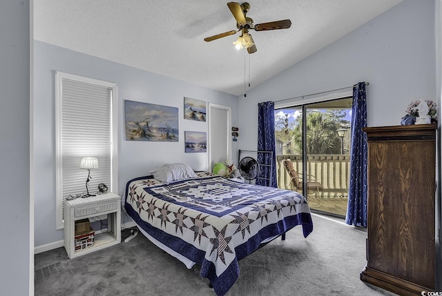 bedroom featuring a textured ceiling, access to outside, vaulted ceiling, ceiling fan, and carpet floors