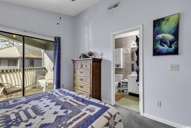bedroom with carpet flooring, ensuite bath, access to exterior, baseboards, and visible vents