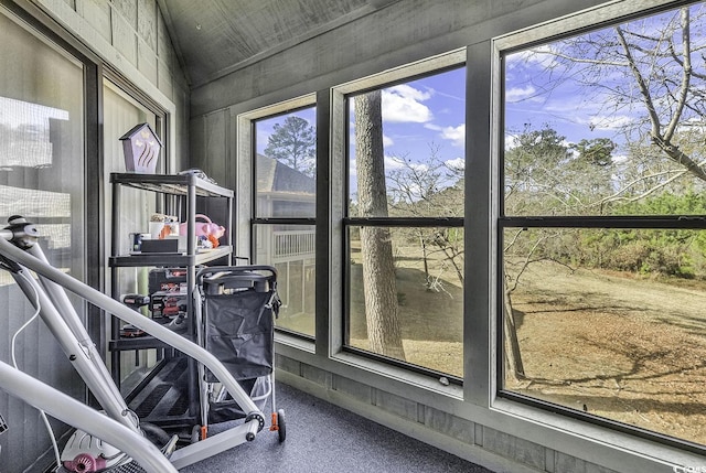 workout area featuring vaulted ceiling