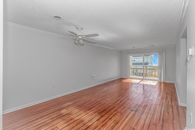 unfurnished room featuring ceiling fan, light hardwood / wood-style floors, and ornamental molding