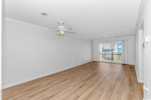 unfurnished living room with light wood-style flooring, ornamental molding, and a textured ceiling