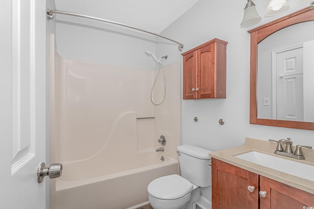 full bathroom with shower / bathing tub combination, vanity, and toilet