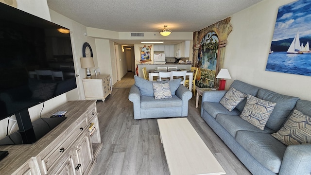 living room with a textured ceiling and light hardwood / wood-style flooring